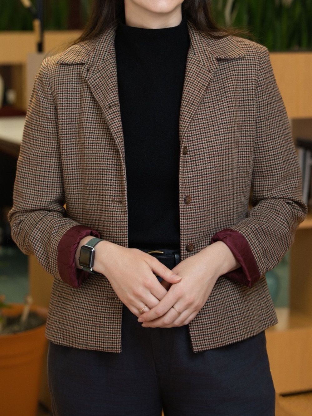 Vintage Rena Rowan Burgundy and Beige Houndstooth Jacket